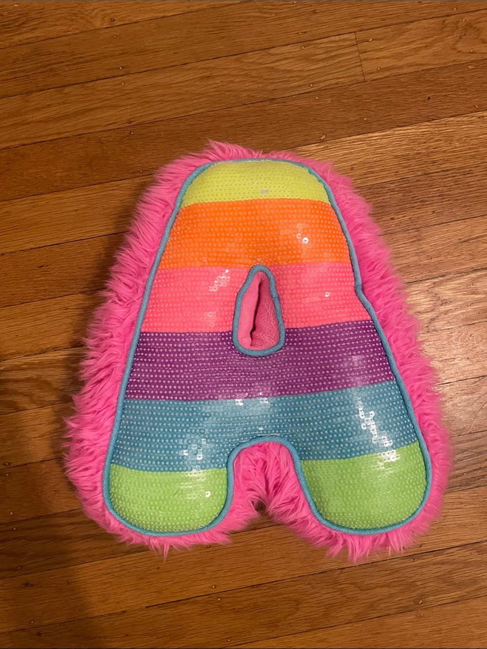 Vintage Claire's Pink Fuzzy Letter A Pillow with Rainbow Sequin Stripes